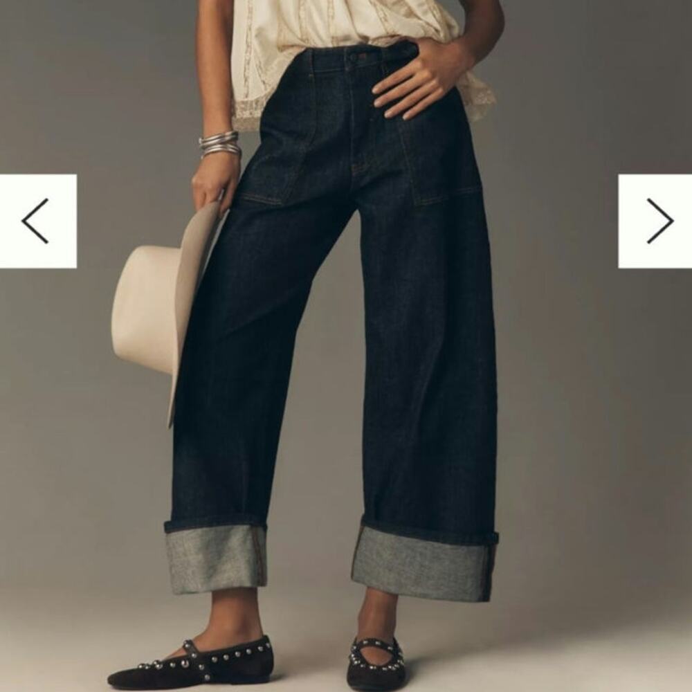 Pilcro Dark Indigo Wide-Cuff Cropped Jeans
